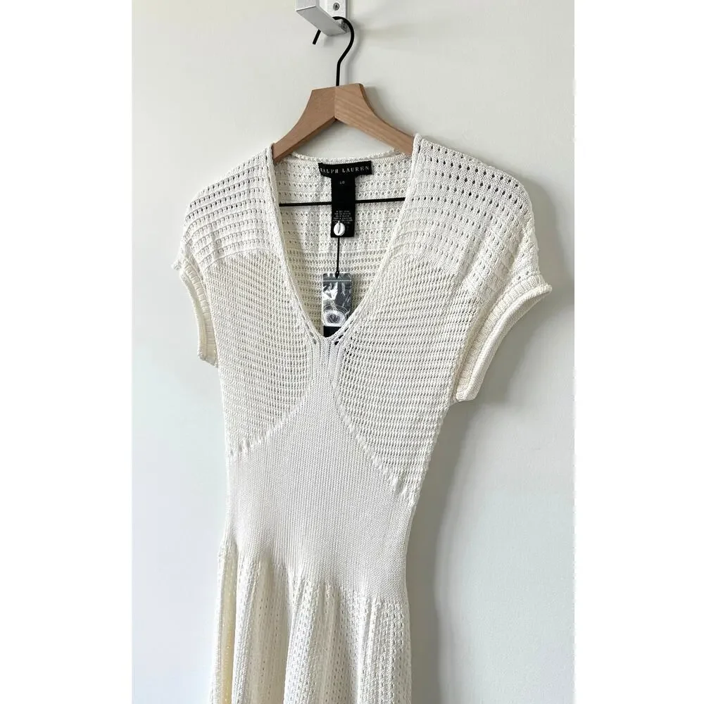 NWT Ralph Lauren Black Label Ivory Pointelle Knit Crochet Dress Size L